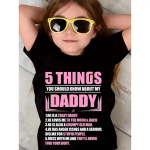 Girls' Funny Daddy-Themed T-Shirt - 5 Things About My Daddy Print | 100% Preshrunk Soft Breathable Kids Top with Double-Needle Stitching | Cute Father's Day Gift, Party Outfit for Young Girls
