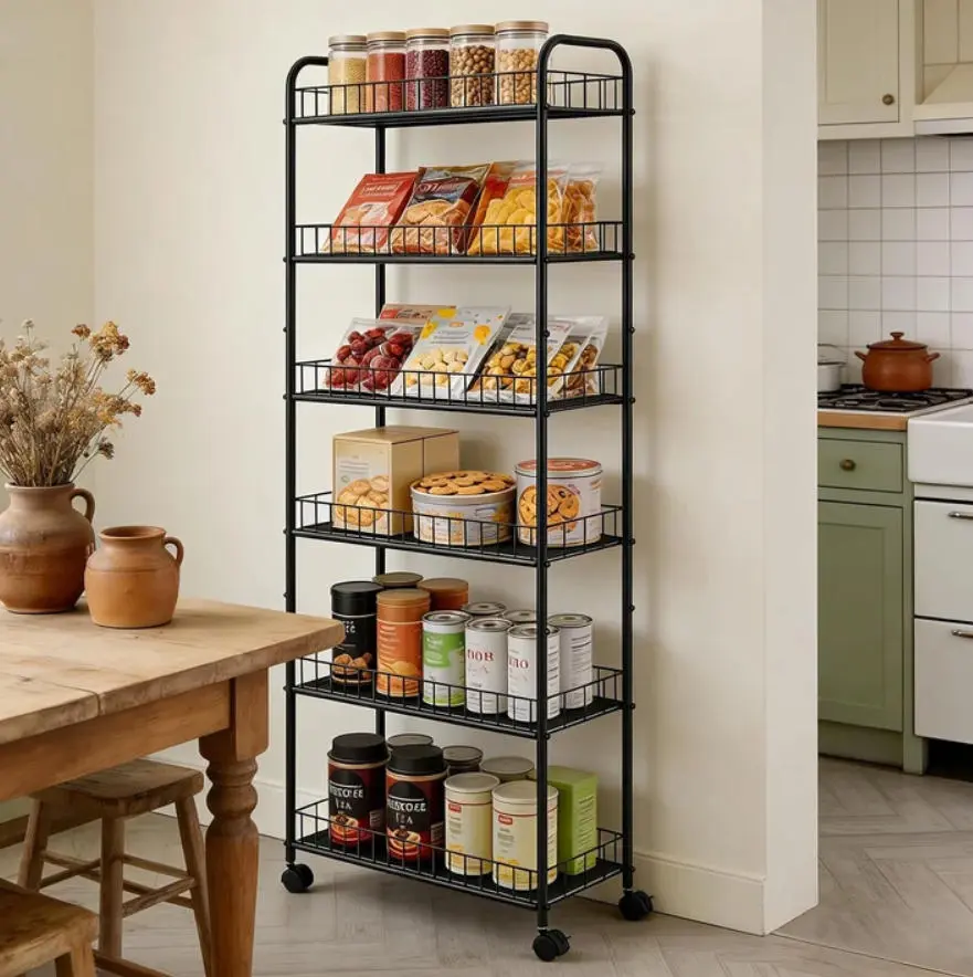 6-Tier Storage Cart Wire Slim Shelving Shelf with Wheels for Small Spaces, Rolling Tall Organizer Storage for Bathroom, Kitchen, Home, Garage, Bedroom, Closet (Black, 10“D)