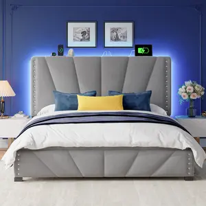 Raybee Bed Frame King Size with LED Lights & Charging Station, Velvet Upholstered Queen Bed Frame with Shelves, Luxury Platform Bed Frame with Storage, Bedroom Furniture No Mattress, Noise Free, Holds 880LBS, Wood Slats & Metal Frame, Beige, Gray