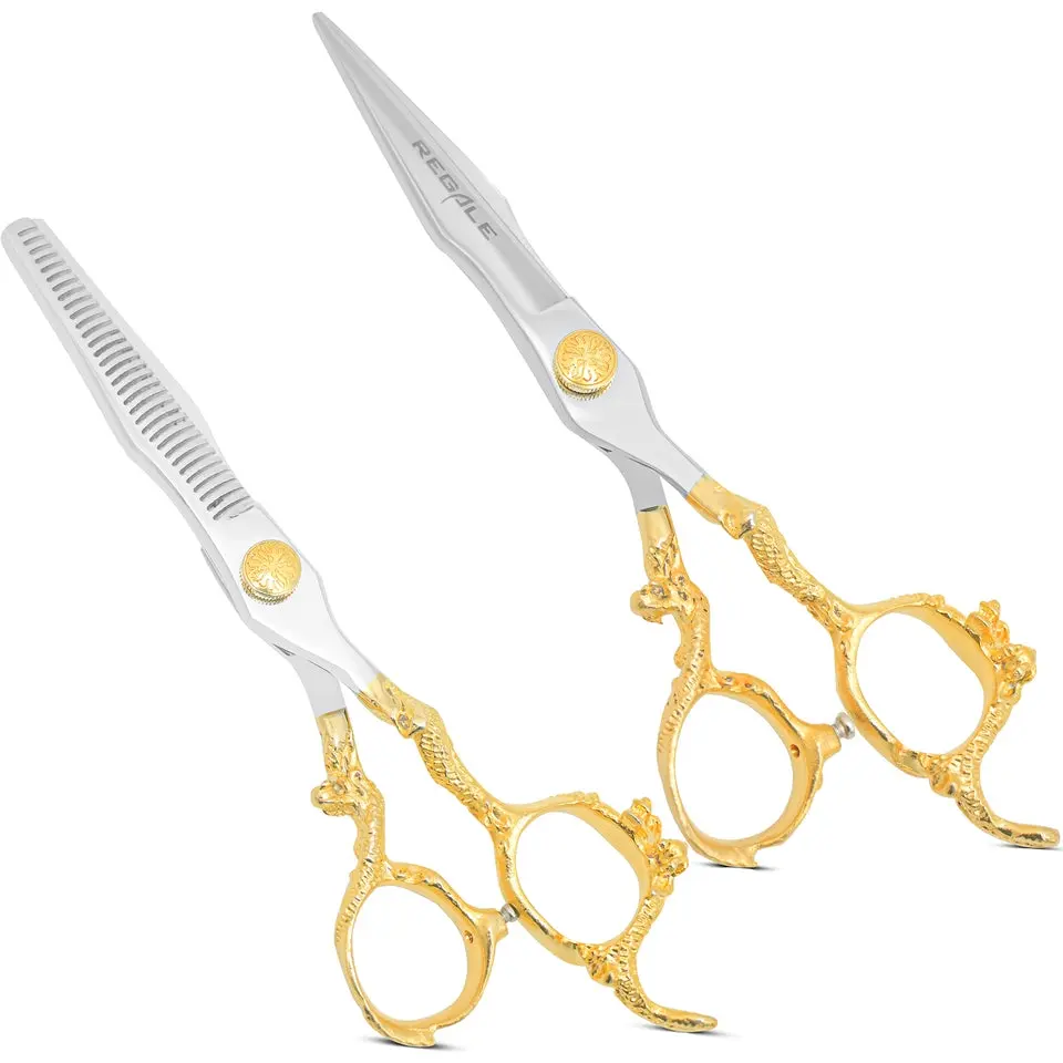 REGALE Professional Barber Shear Set — 7 Inch Hair Cutting Shear & 32 Teeth Thinning Shear with Ornate Gold Dragon Handles