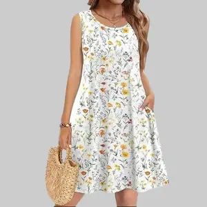 Summer Dresses for Women 2026 Sleeveless Casual Floral Tshirt Sundress with Pockets Loose Tank Beach Dress