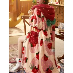 Thickened fleece night robe for winter with a cute strawberry pattern; long-sleeve hooded button-front robe with pockets; women’s sleepwear/dress fabric; womenswear loungewear; polyester; baggy loose fit; multicolor; oversized