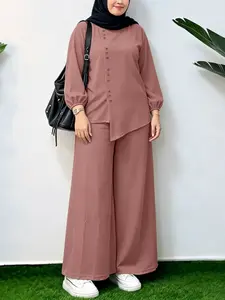 Round Neck Long Sleeve Buttoned Top with Asymmetrical Hem, Elastic Waist Wide Leg Pants Set, Casual Two-Piece for All Seasons, Two Piece Set Women