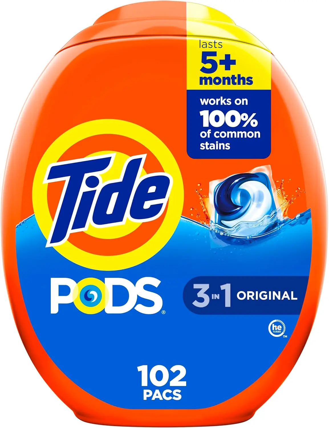 Tide PODS Concentrated Anti-Odour Deodorizing Laundry Detergent Pacs, 3-in-1 Stain Remover, Odor Fighter, Color Protector, 102 Count, HE Compatible, Original Spring Meadow Scent, Anti-Odour Laundry Detergent, Premium Detergent Pods, Stain Odor Eliminator