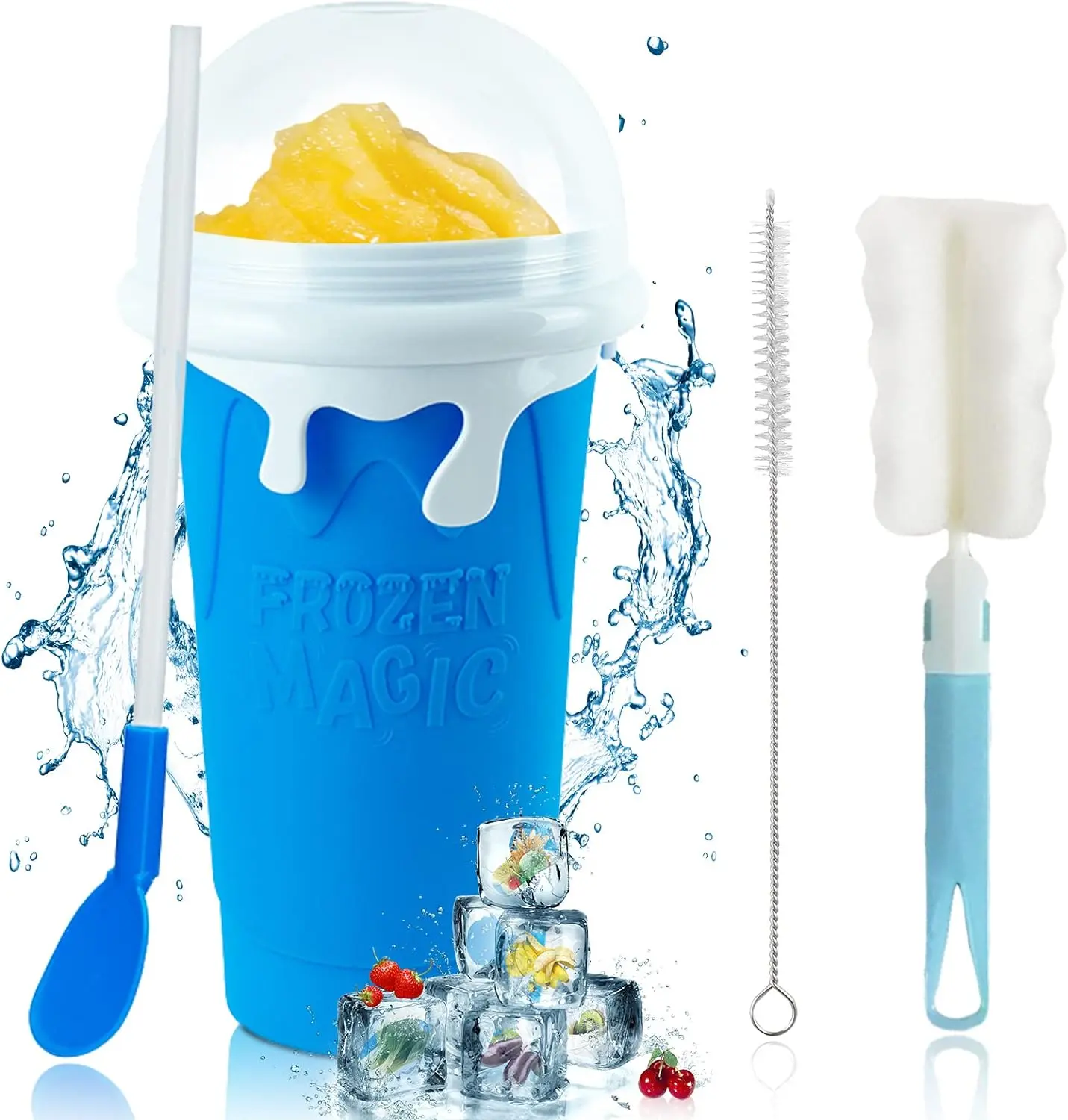 AIT Corp Mgic Slushy Cup Maker Ice Cup  Smoothies  Double Layer Squeeze ,for Children and Adult (Blue) Kitchen Utensils Cover Washable Lid Handheld Mug Thick