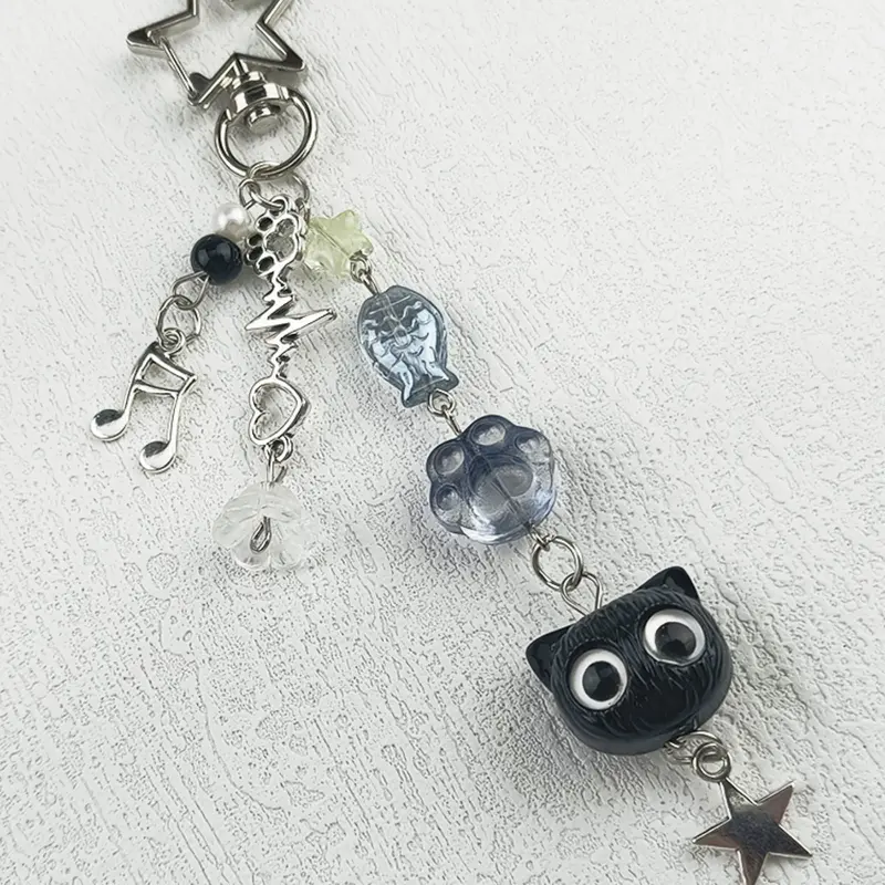 Vintage Creative Black Cat Phone Lanyard Cute Versatile Keychain Accessory For Bags Backpack Pendant Y2K Kitten Paw Star Fish Beaded Jewelry Accessories