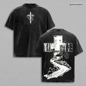 Christian Cross Path T-Shirt Vintage Washed Oversized Faith Cowboy Graphic Tee Western Religious Inspiration Streetwear Heavy Cotton Blessed Journey Shirt for Men Women