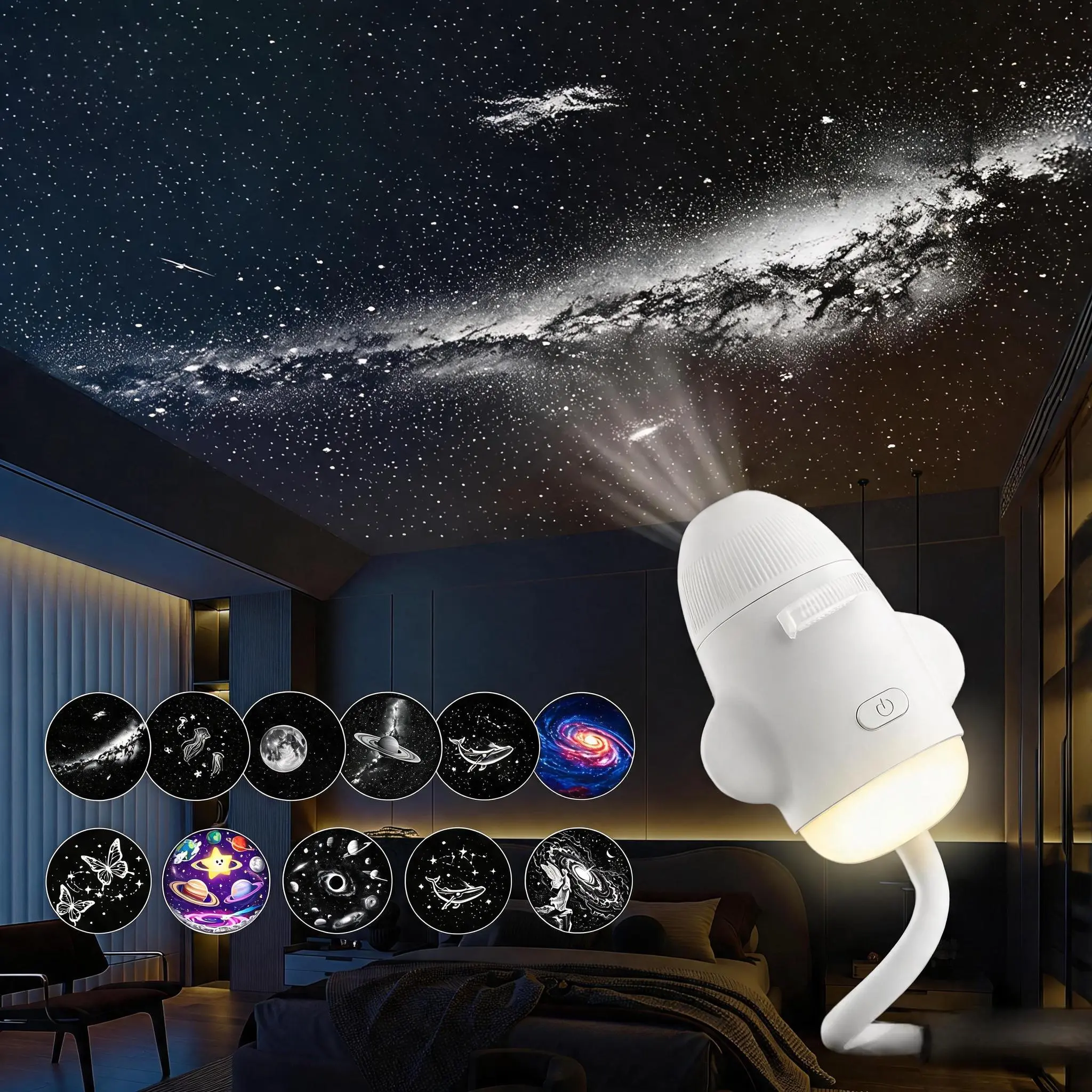 Modern 3-in-1 Portable Galaxy Projector with 6 Projection Films, PVC Body, 360° Brightness Adjust, USB Power, Eye-Caring LED Night Light for Adults' Bedrooms, Homes - Ideal Gift