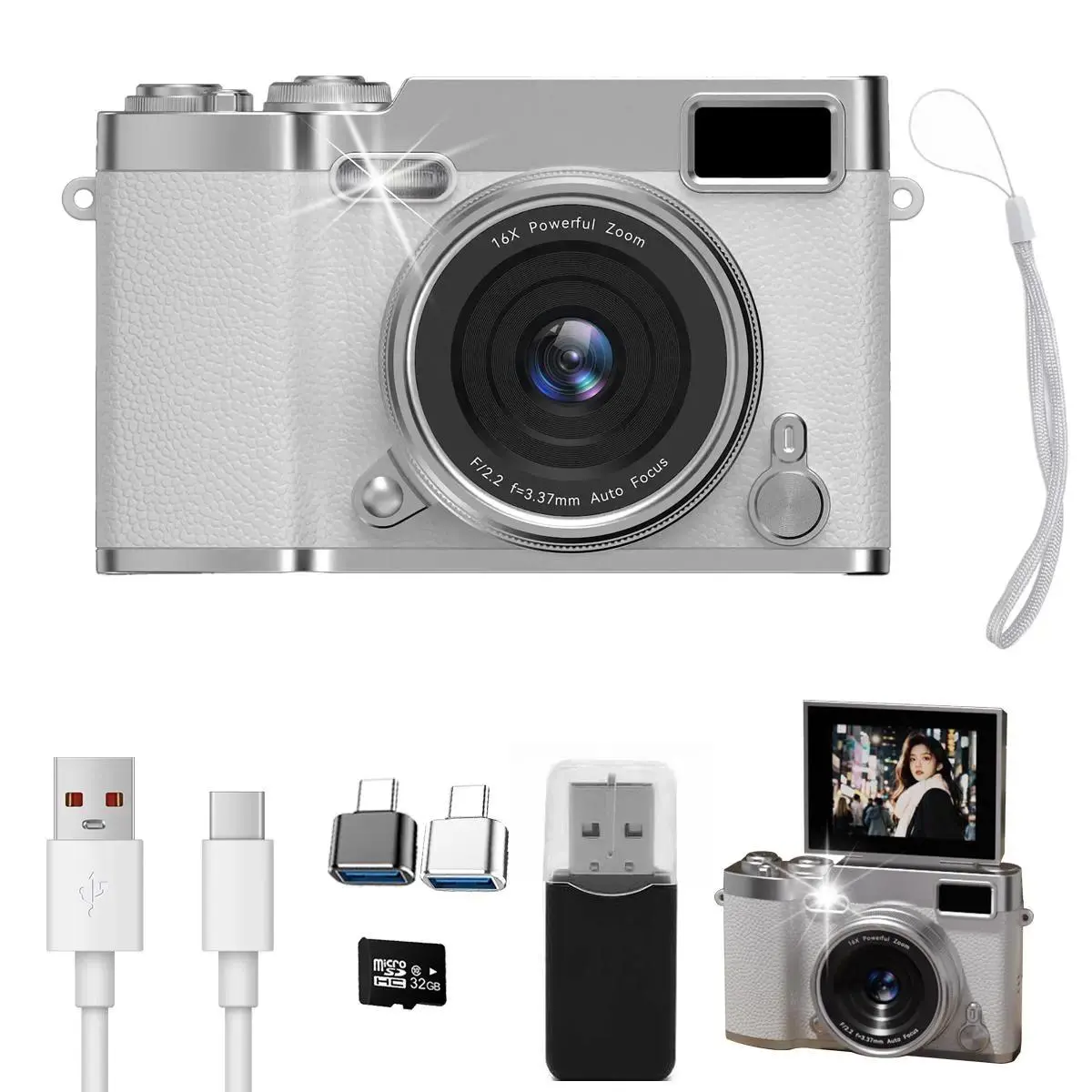 Portable Retro CCD Digital Compact Camera with Foldable Screen, Pocket-Sized Entry-Level Model, Filter Modes, 32GB Memory Card Included – Teenage Boy Gifts, Device
