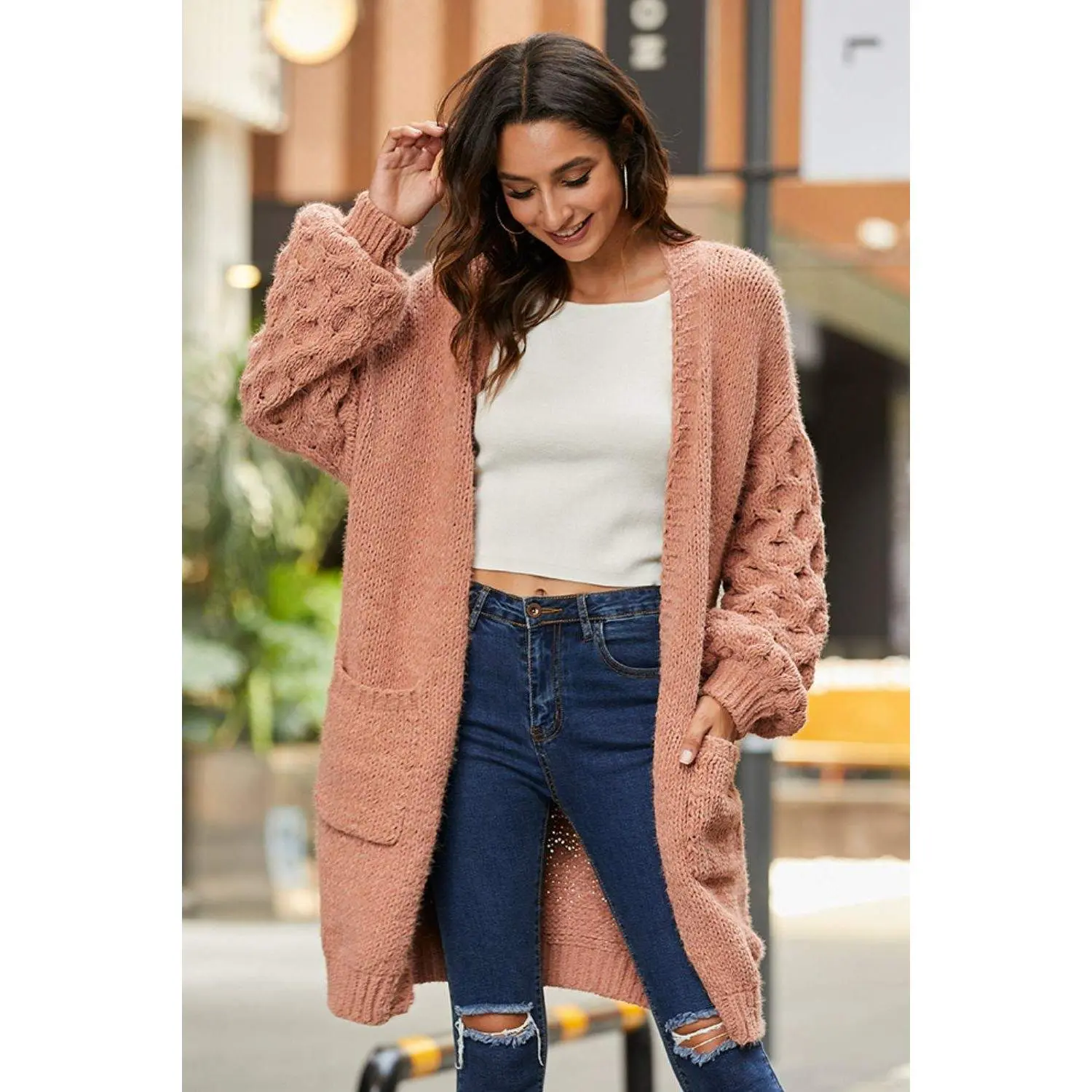 Open Front Ribbed Trim Duster Cardigan