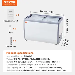 VEVOR Commercial Ice Cream Display Case, 13.1 Cu. ft Chest Freezer, Mobile Glass Top Deep Freezer, Restaurant Gelato Dipping Cabinet with 8 Large Tubs, 2 Sliding Glass Doors, Locking Casters, White