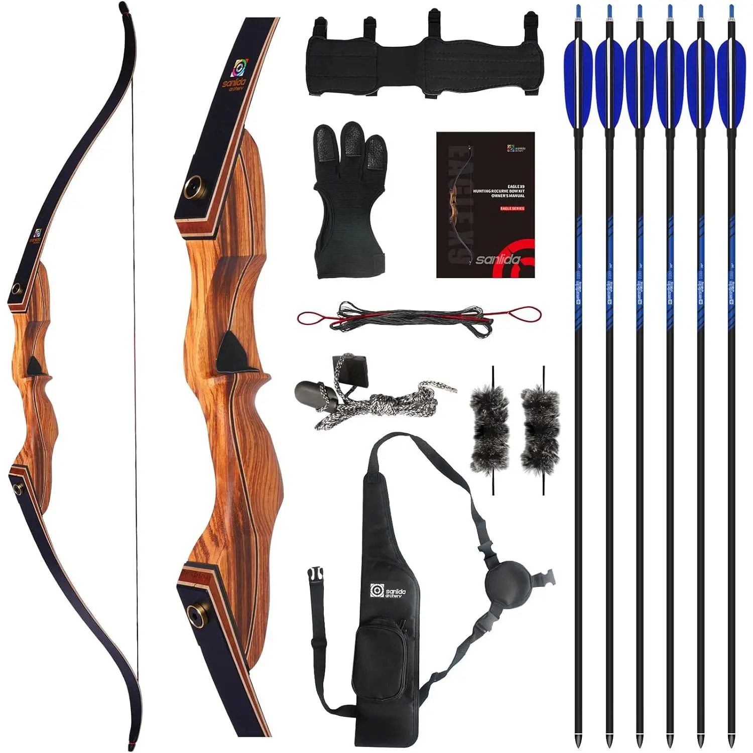 Takedown Recurve Bow and Arrow Set, Eagle X9 58 Inch Hunting Archery Bow with Solid Wood Riser, 8¼-9 Inch Brace Height, 25-60 LBS for Outdoor Practice