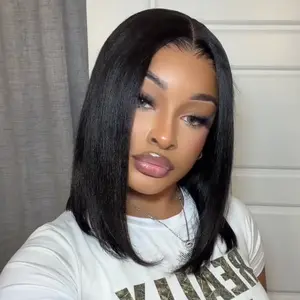 UNice Bye Bye Notes Glueless Yaki Straight Bob Cut Wig, 7x5 HD Lace Wear Wig Human Hair, Pre-cut Beginner Friendly Option with Pre-Plucked Hairline & Natural Look, Natural Looking Wigs