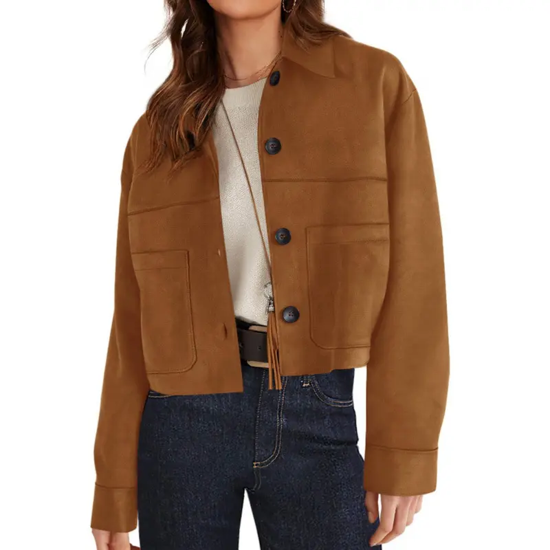 Women's Faux Suede Cropped Jacket Casual Lightweight Fall Fashion 2025 Winter Coats Outerwear Trendy Clothes