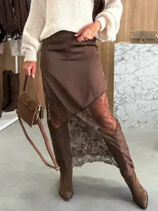 Elegant Solid Color Woven Fabric Lace Patchwork High Waist Midi Skirt, Daily Commute Fitted Skirt, Spring & Fall Fashion