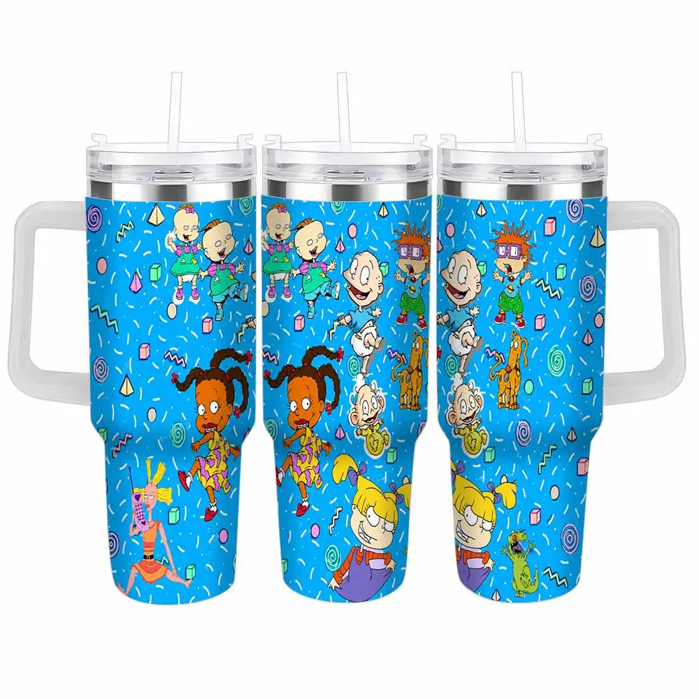 90s Cartoon Nostalgia Tumbler 40oz/30oz Iconic Childhood Characters Pattern Insulated Stainless Steel Cup Leakproof Handle Straw Fits Car Cup Holders Travel Office Daily Hydration Gift
