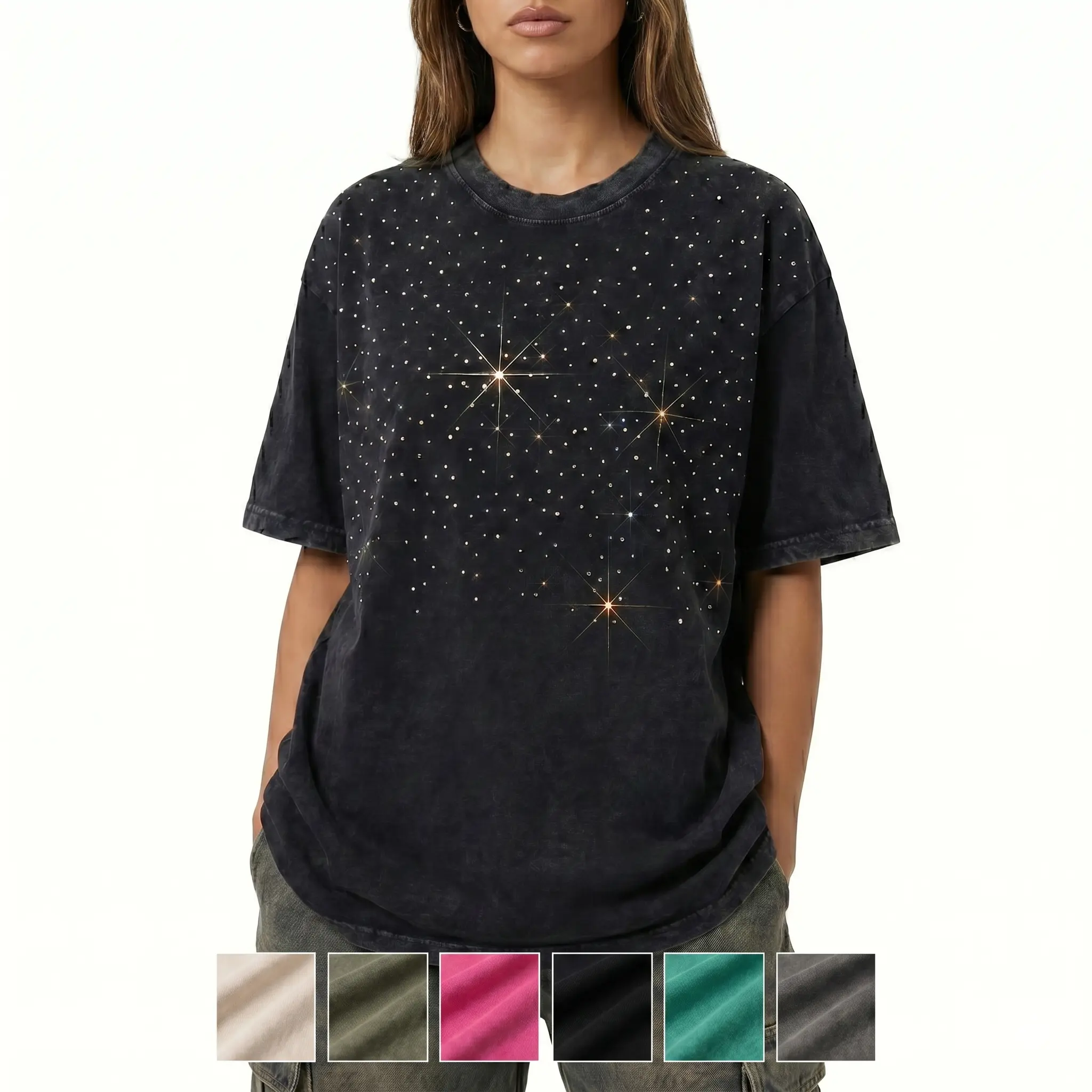 High Level Women's Baggy Oversized Stonewashed 100% Cotton Short-Sleeve Crew Neck T-Shirt - Chic Streetwear Top with Crystal Rhinestones, Sparkly, Shortsleeve, Casual, Tshirt, Round Neck, Fashion Apparel, Colorful Style, Basic, Loose-Fitting
