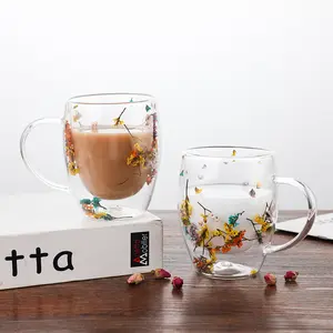 Drinking Cup for Home and Office Use, Flower-Design Vintage Glass Cup, 1 Count Double-Wall Glass Coffee Cup with Handle,  Stylish Drinkware Coffee Cups Gift for Friends & Family