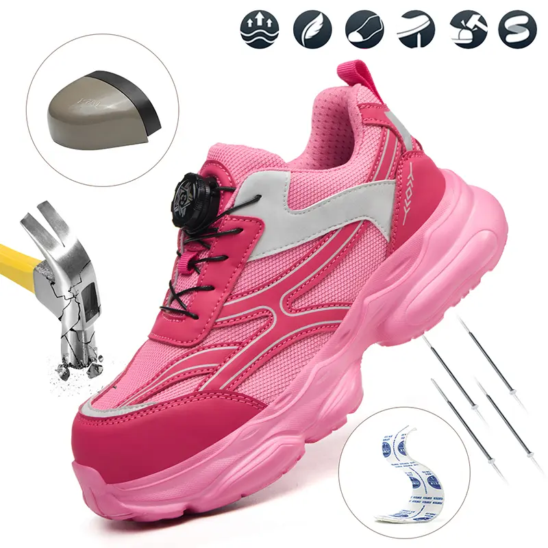 Women's Pink Steel Toe Casual Trainers - Lightweight Rubber Safety Shoes, Quick-Lace Industrial Footwear, Puncture-Proof, Slip-Resistant, Breathable, Comfortable Work Athletic Construction Shoes