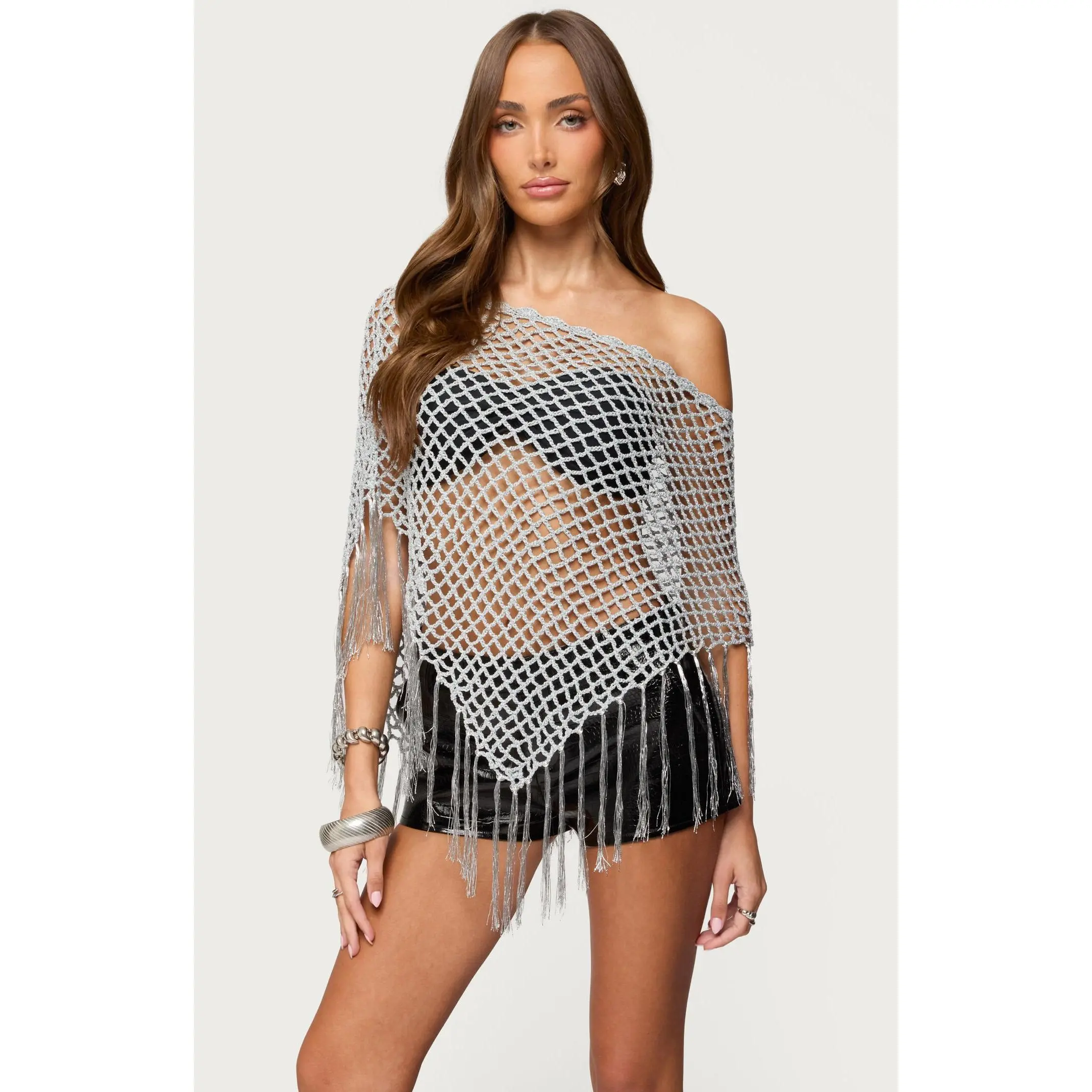 Edikted Women's Evette Fringe Open Knit Metallic Poncho