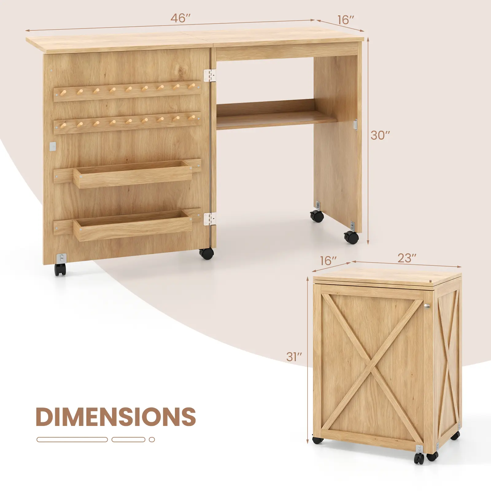 COSTWAY - Folding Sewing Table with Storage Shelf and 5 Lockable Wheels-Natural