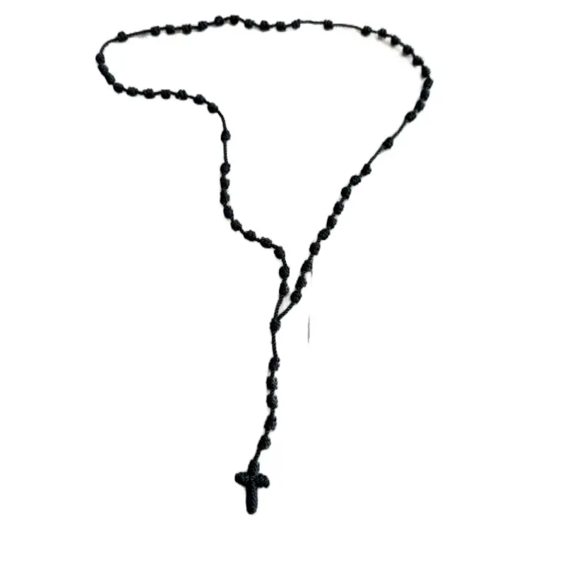 100% Handmade Rosary Cross Pendant Long Braided String Knotted Catholic Religion Adjustable Colorful Rope Necklace Lucky Protection Keepsake Jewelry for Women Men made in Mexico