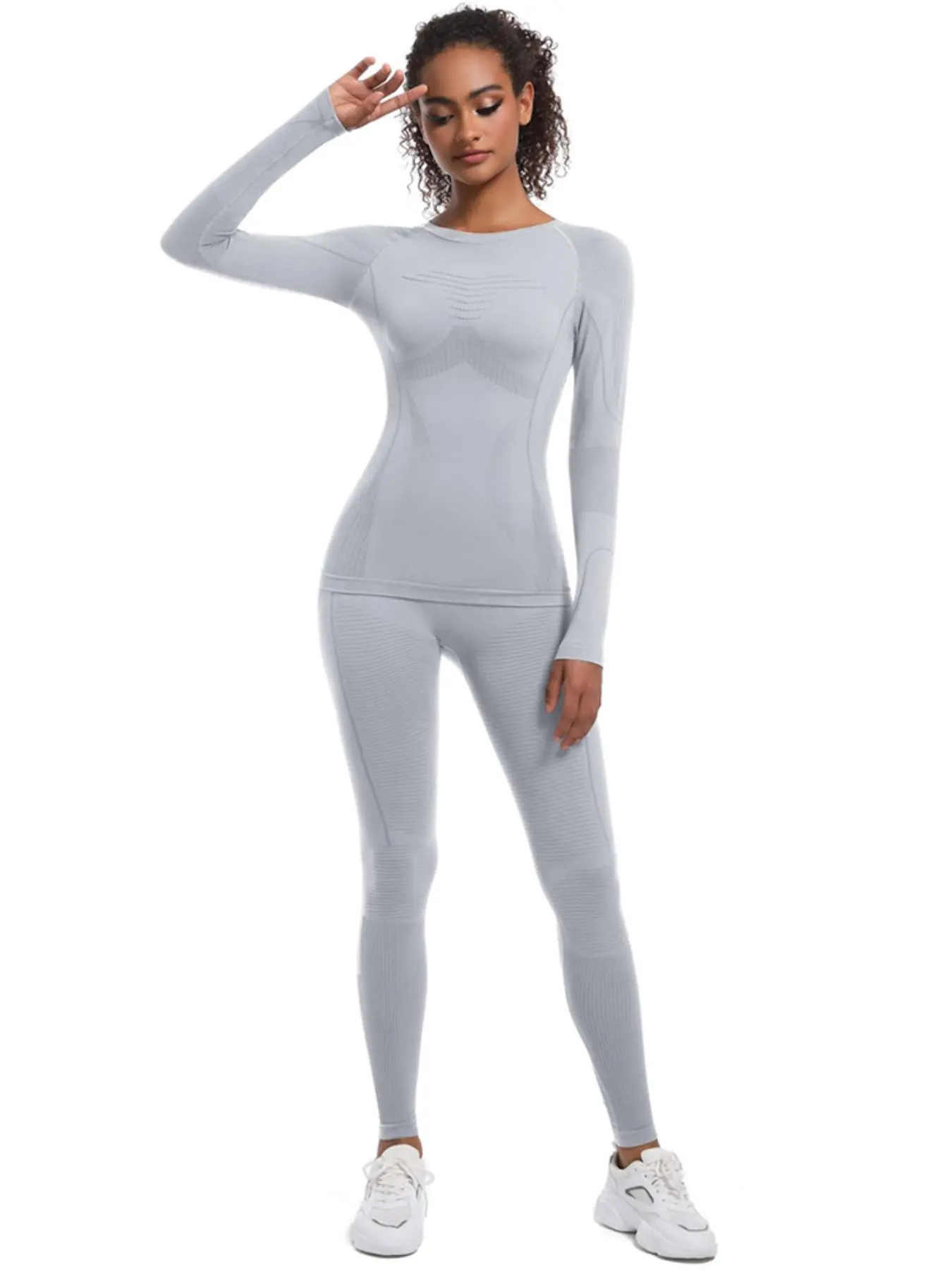 Women's Solid Long Sleeve Baselayer Top & Leggings Ski Suit Set, Sporty Comfy Breathable Seamless Two-piece Outfits for Skiing Cycling, Ladies Sportswear for Indoor Outdoor Wear