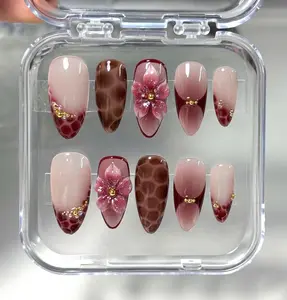 HelenNails – Burgundy Ombre Press On Nails With 3D Floral, Gold Bead And Crocodile Marble Effects, Handmade Elegant Nail Art For Fall Glam Nails – HL969