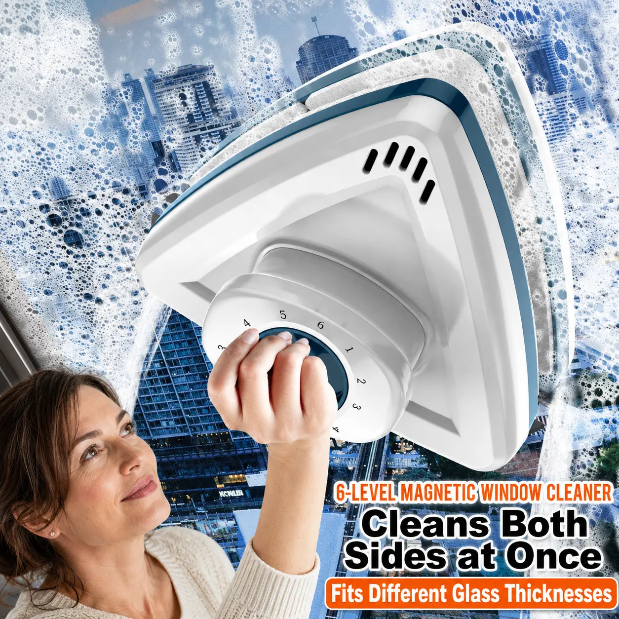 6-Level Magnetic Window Cleaner, Double-Sided Window Washer for Inside & Outside Glass, Adjustable Magnetic Control, Safety Rope, Triangle Glass Cleaning Tool for Home Windows
