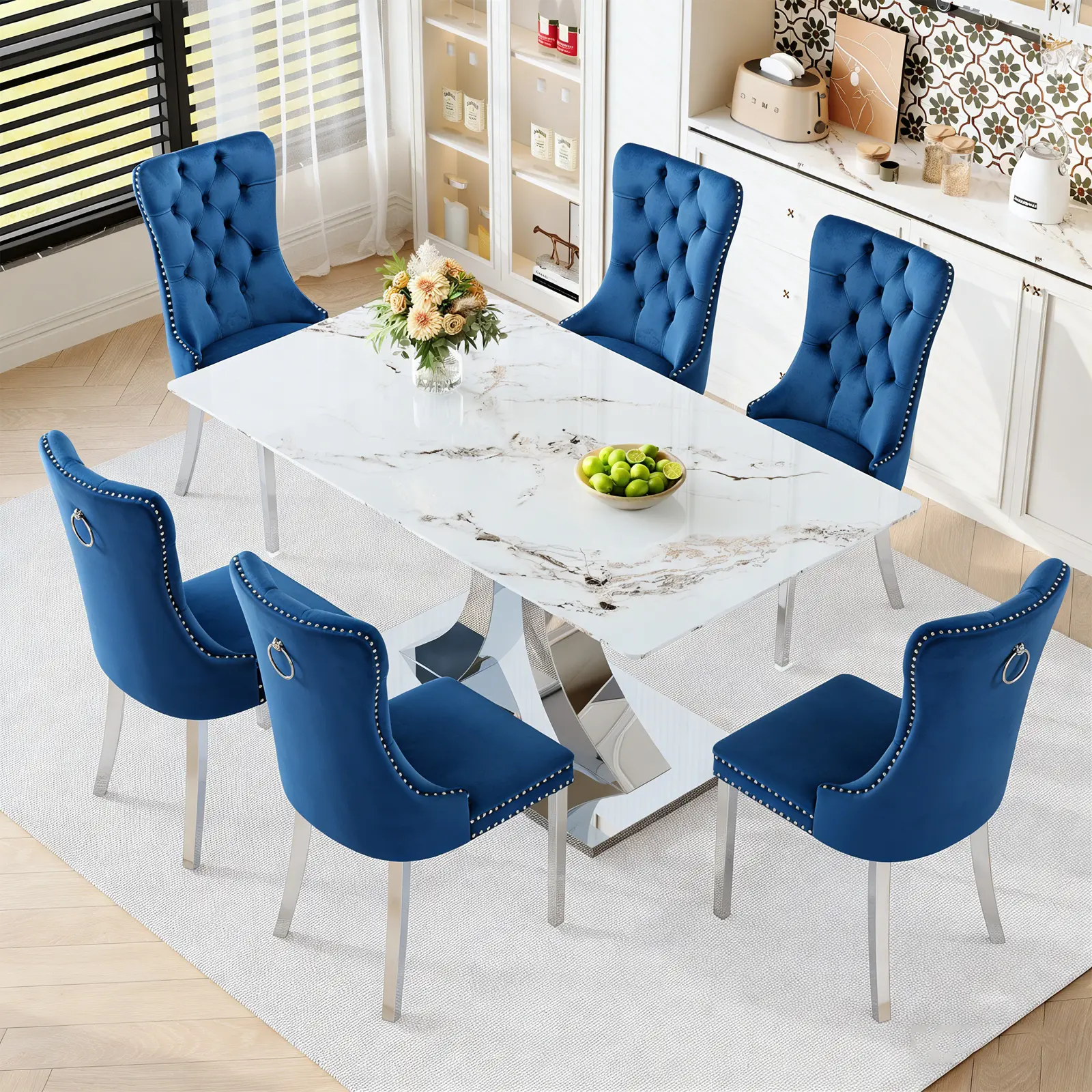 1 Table+6 Blue  Silver Metal Chairs