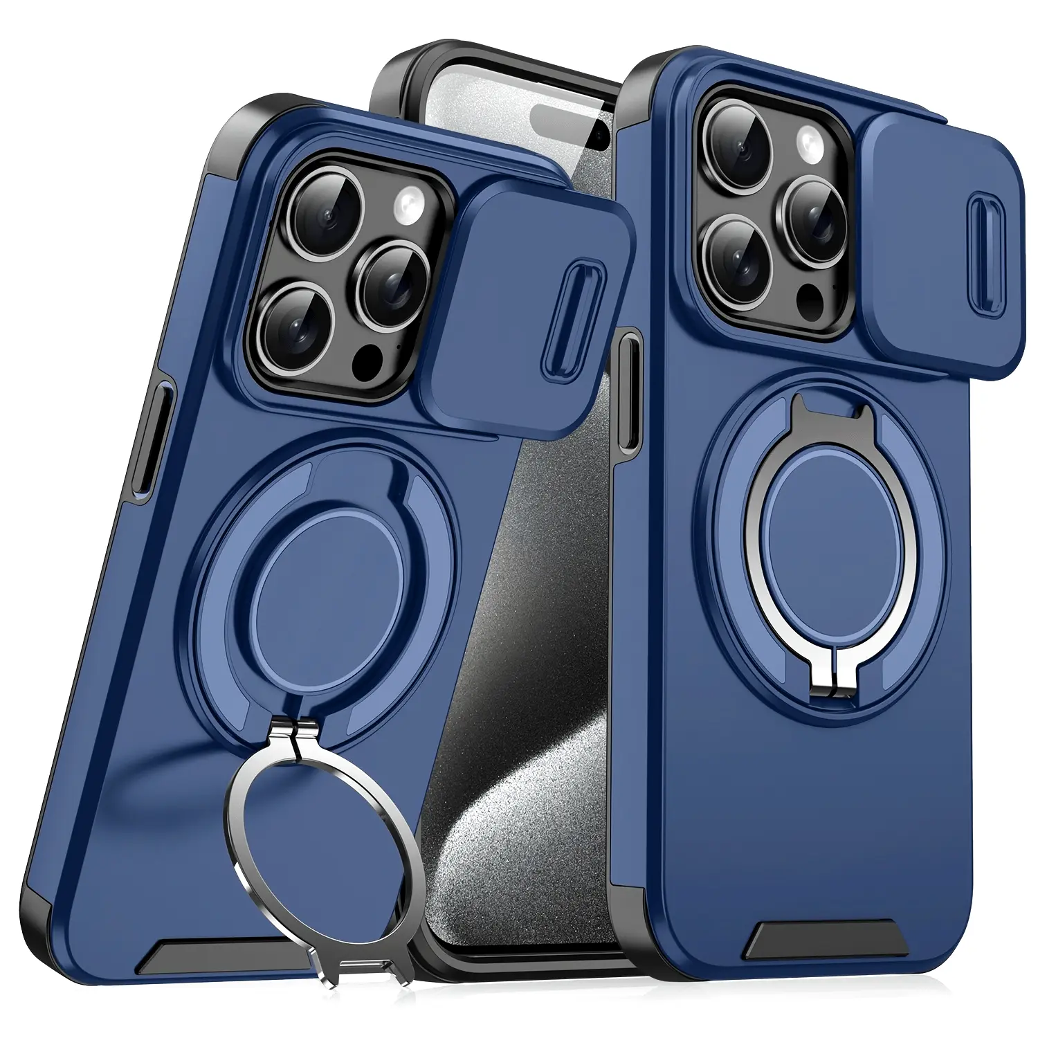 Heavy Duty Shockproof Plastic Smartphone Case with 360° Rotating Metal Magnetic Ring Multi-Function Stand - Personalized Creative Cover for iPhone 11,12,13,14,15,16 Pro Max & 14,15,16 Plus, Cellphone Protection Accessory, Accessories