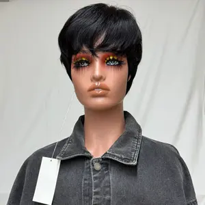 Short Pixie Cut Bob Wig Human Hair Wigs With Bangs Layered Wavy Wigs For Women Full Machine Made Wig