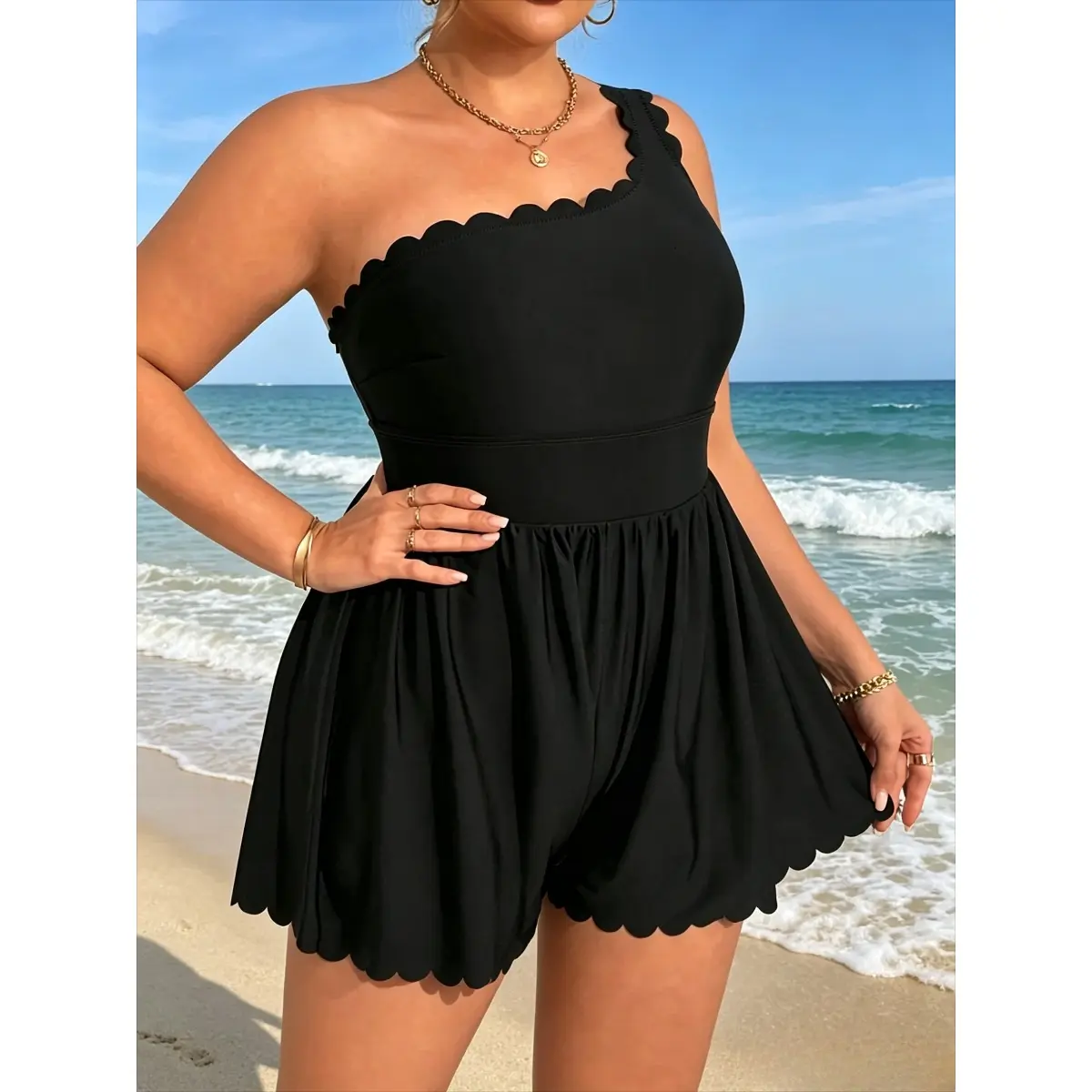 Women's Plus Size Solid Black 1-Shoulder Swim Romper Bathing Suit - Scallop Trim Neckline & Hem, High Waisted Tummy Control Skirted with Built-In Shorts, Beachwear, Swimsuits, Plus Size Finds, 4XL, Bathing Suits, Streamlined