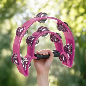 Summer Party Pink Tambourine Handheld Double Row Jingles Lightweight Music Instrument for Outdoor Fun Beach Festival Travel