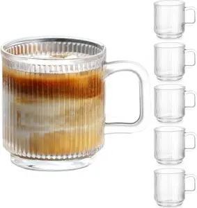 6 Pack Premium Glass Coffee Mugs with Handle, 12 OZ Classic Vertical Stripes Cups for Hot/Cold Beverages, Americano, Latte, Cappuccino