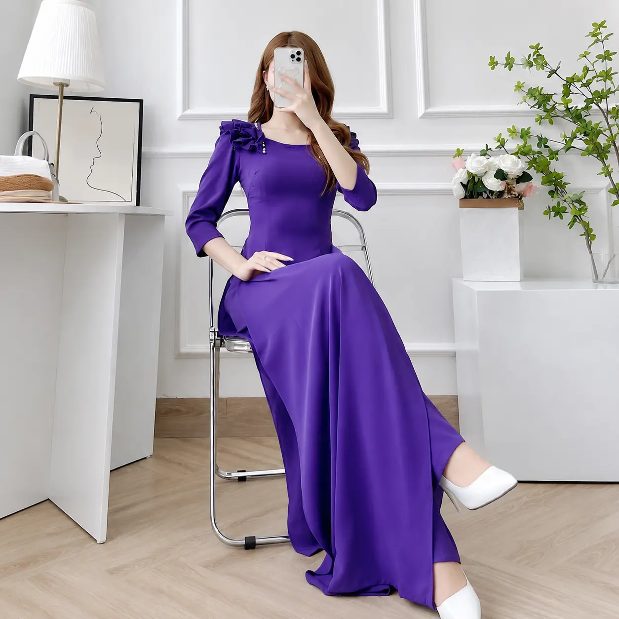 Traditional Vietnamese Purple Ao Dai – Elegant Square-Neck Long Tunic Set