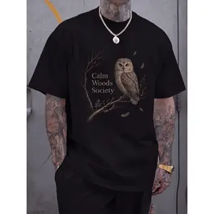 Calm Woods Society Owl Graphic Tee Vintage Brown Forest Illustration Printed Tee Unisex Top Casual Wear Streetwear Style Aesthetic Tee Nature Wildlife Design Soft Fabric Summer Shirt Relaxed Fit Trendy Design Perfect Gift For Men Women