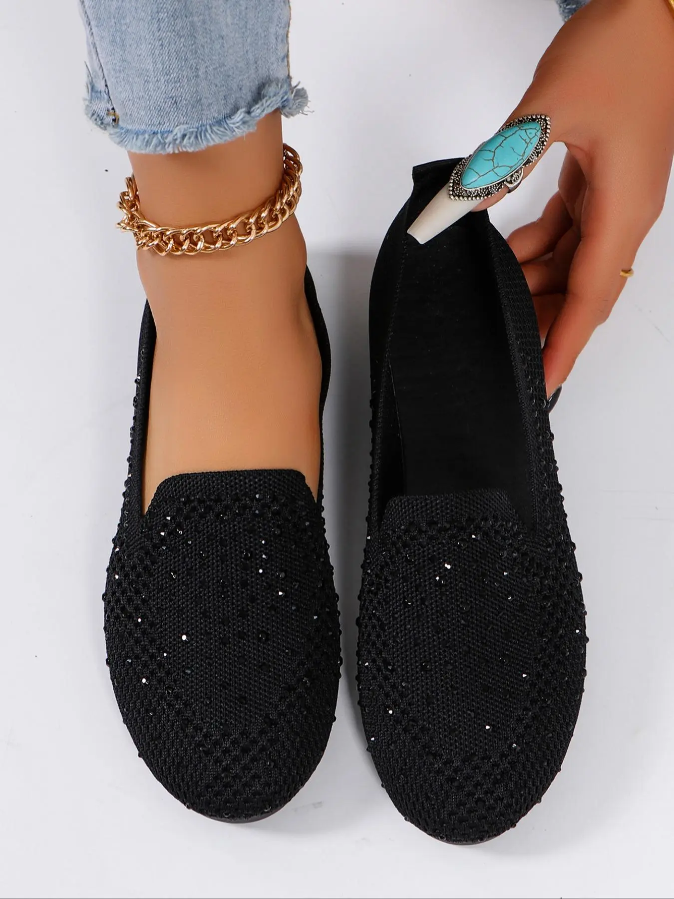 Women's Fashionable Rhinestone Decorated Slip on Flats, Casual Trendy Flat, Ballet Flats, Casual Comfortable Flat Shoes for Daily Wear, Lightweight Breathable Shoes for Women & Girls, Casual Fall Shoes, Everyday Wear Footwear