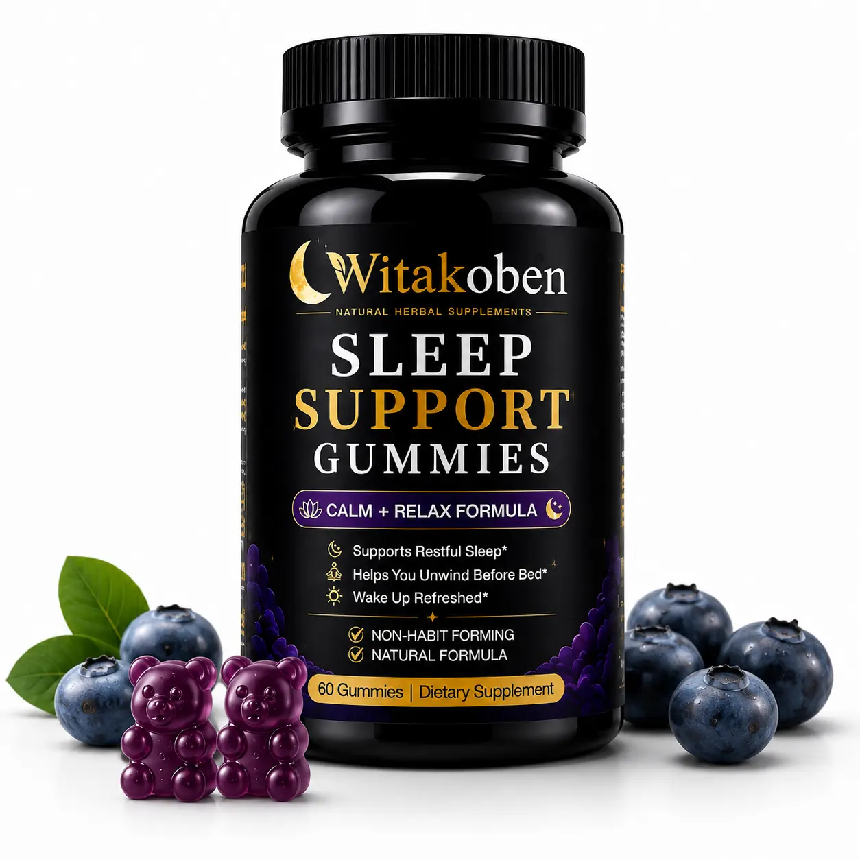 WITAKOBEN Adult Nighttime Melatonin Gummy Supplement, 2.5 mg Melatonin per Serving, 60 Gummies (30 Servings), 0 g Total Sugars