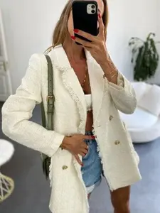 White Tweed Blazer Women, Cream Tweed Jacket 36, Tweed Jacket Korean, Double Breasted Blazer,Wool Blazer,Luxury Blazer, Tassel Blazer