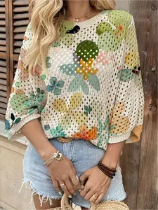 Spring/Summer Style, Crew Neck Hollow-out Loose Batwing Raglan Sleeve Cover-up, Contrast Color Plant & Floral Print Women's Knitted Top, Vacation Style, Casual for Commute, Bikini Cover-up, Swimsuit Cover Up, Bathing Suit Cover, Beach Cover Ups