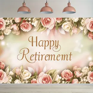 1pc Elegant Floral Retirement Party Decorative Banner - Polyester Backdrop with "Happy Retirement" Text, Flower Design, Pink and White Roses Design, Perfect for Home and Wall Decor, Room Decoration, Party Supplies, and Gifts, Retirement Party Decorations