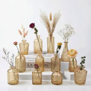 Glass Bud Vase, Set of 12, Small Amber Bud Vases , Vases for Centerpiece Table Wedding Decorations Decor Glass Bottles for Birthday Party Anniversary, Suitable for Women Spring Room Decor