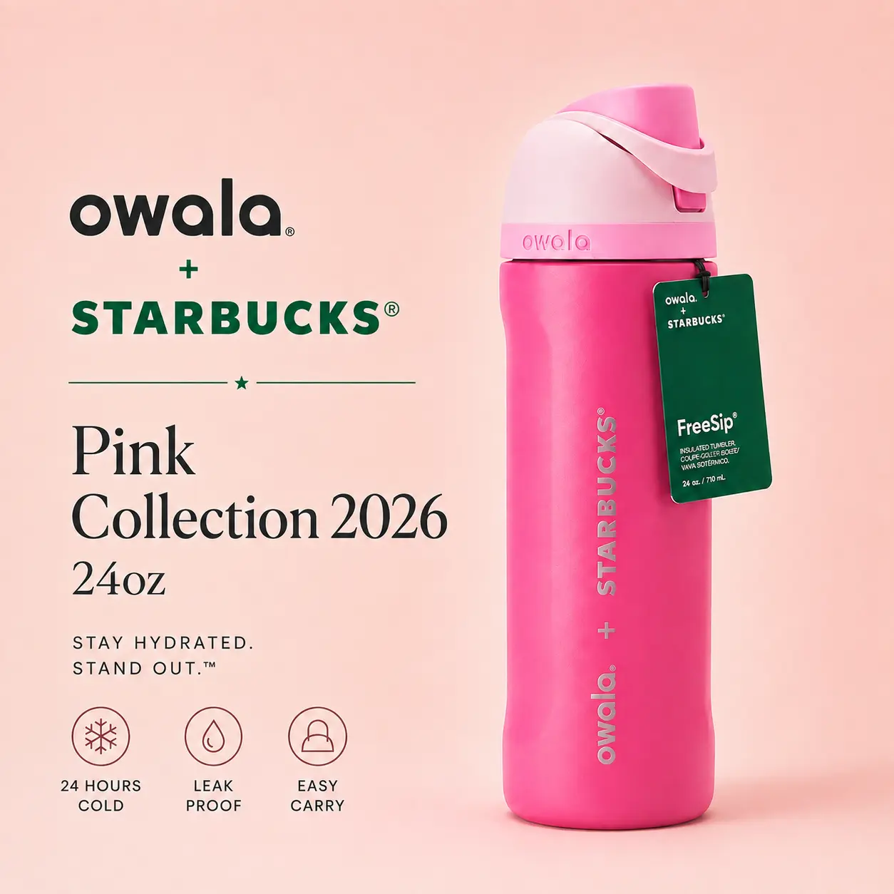 Owala Pink Starbucks 24oz Limited Edition Insulated Water Bottle Limited Edition Leakproof Stainless Steel Bottle TikTok Viral