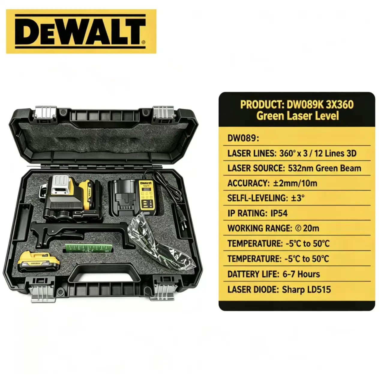 DEWALT DW089K 3D Green Laser Level Kit, 12-Line 360°x3 Self-Leveling Measuring Tool, ±2mm/10m Accuracy, IP54 Water-Dust Resistant, 532nm Sharp LD515 Diode, 6-7H Battery, Charger, Magnetic Bracket, Carry Bag for Ceiling, Flooring Installation