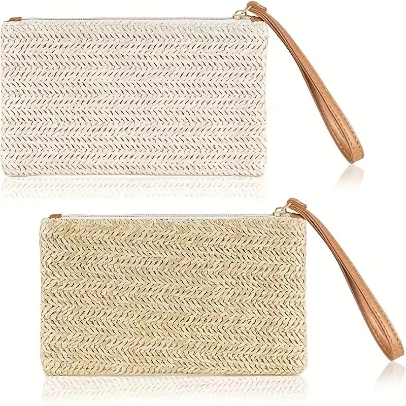 2 Pieces Straw Clutch Purse Straw Handbag for Women Summer Beach Bag Bohemian Wristlet Bag(Beige-White, Beige-Yellow)