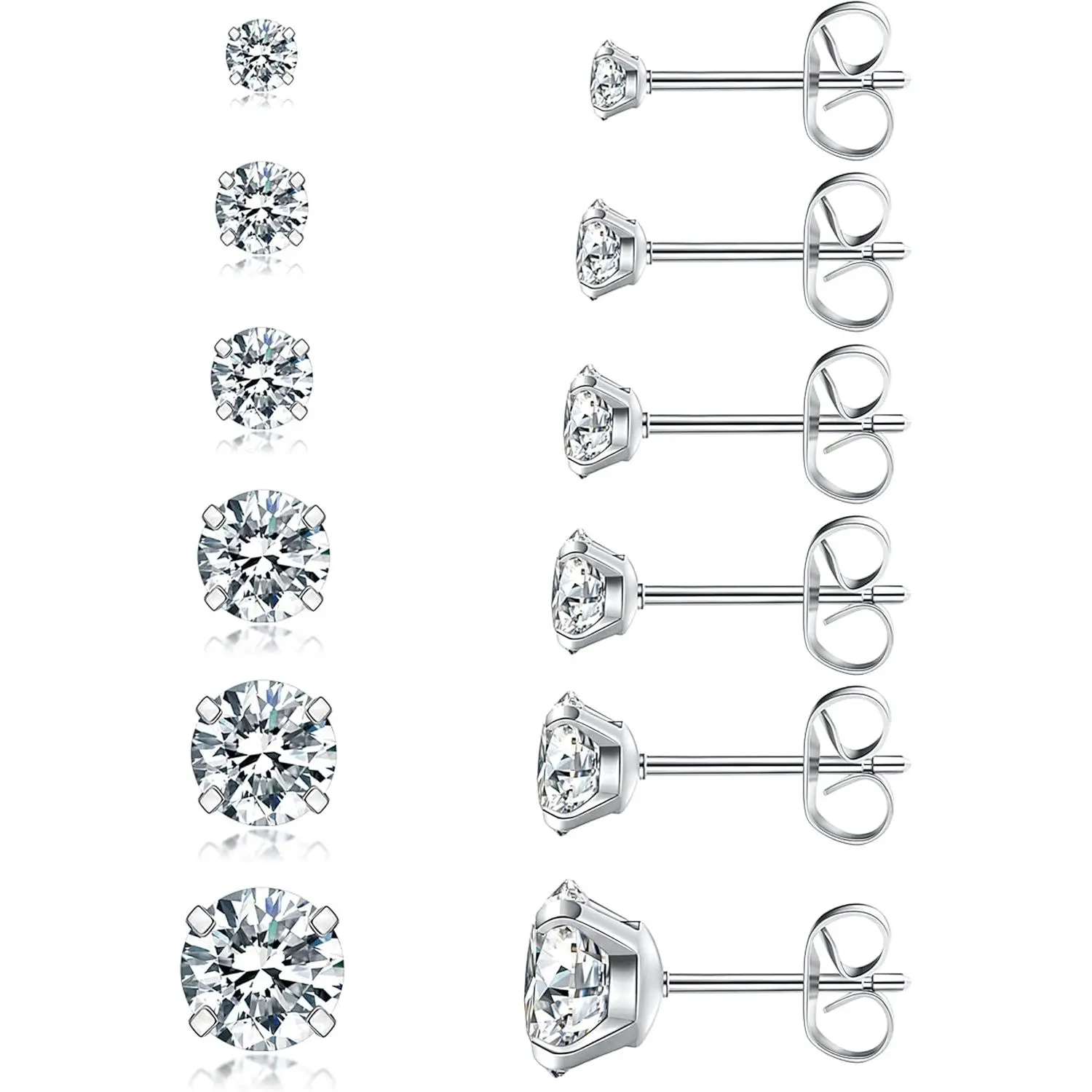 6 Pairs Stud Earrings Set, Hypoallergenic Cubic Zirconia 316L Earrings Stainless Steel CZ Earrings 3-8mm (Steel color)