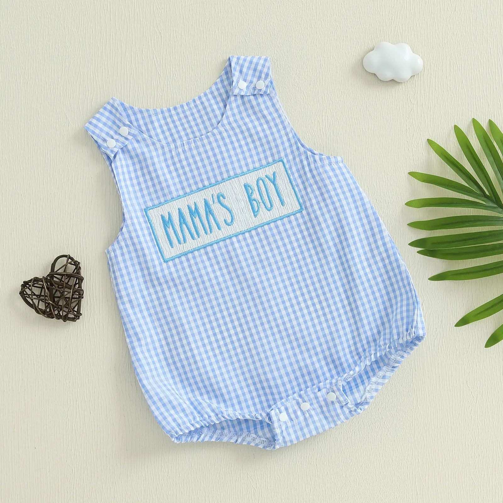 Plaid Bubble Romper for Baby Boys, Sleeveless Summer Overalls with 'Mama's Boy' Embroidery, for Ages 3-4 Years, Baby Boy