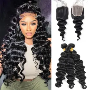 Bundles with Closure Loose Deep Hair Bundles with Closure Brazilian Human Hair 3 Bundles with 4x4 Lace Closure Quick Weave Sew in Bundles