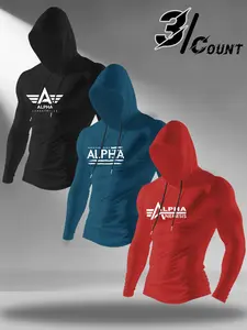 Men's 3-piece hooded long sleeved T-shirt ALPHA industrial pattern printed clothing, Athletic Fashion Activewear, Athletic Sweatshirt, skin friendly sportswear, casual daily commuting, outdoor sports, fitness and street style enthusiasts